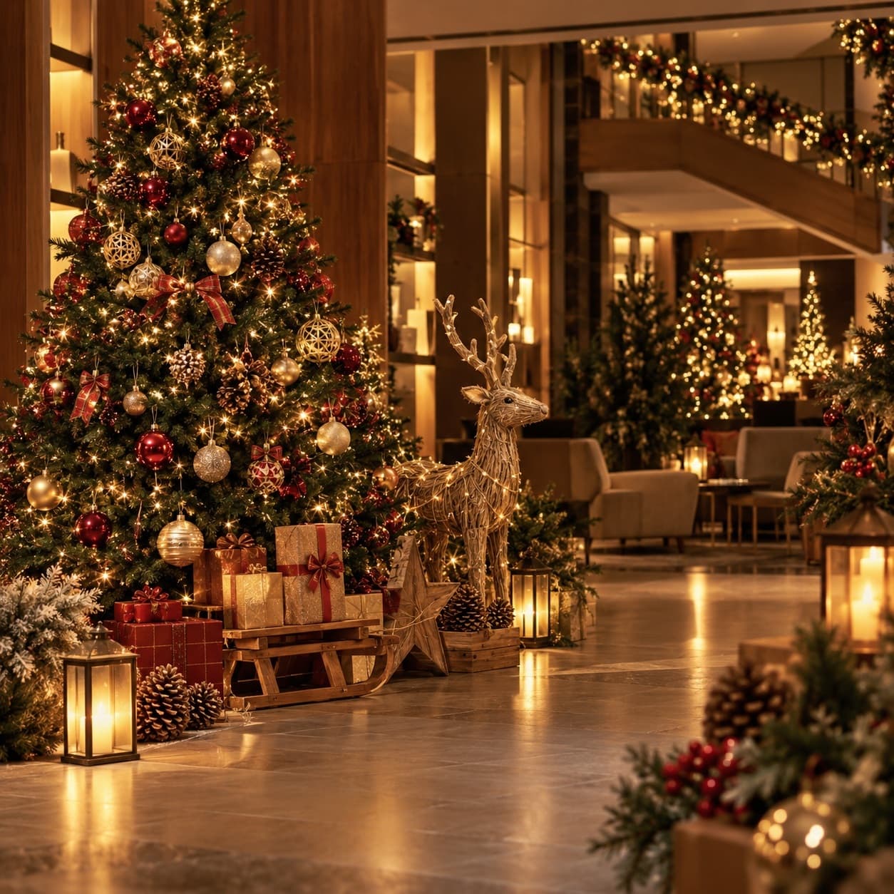 Décoration de Noël lumineuse avec sapin rouge et or, cadeaux sur traîneau et renne décoratif dans un grand intérieur