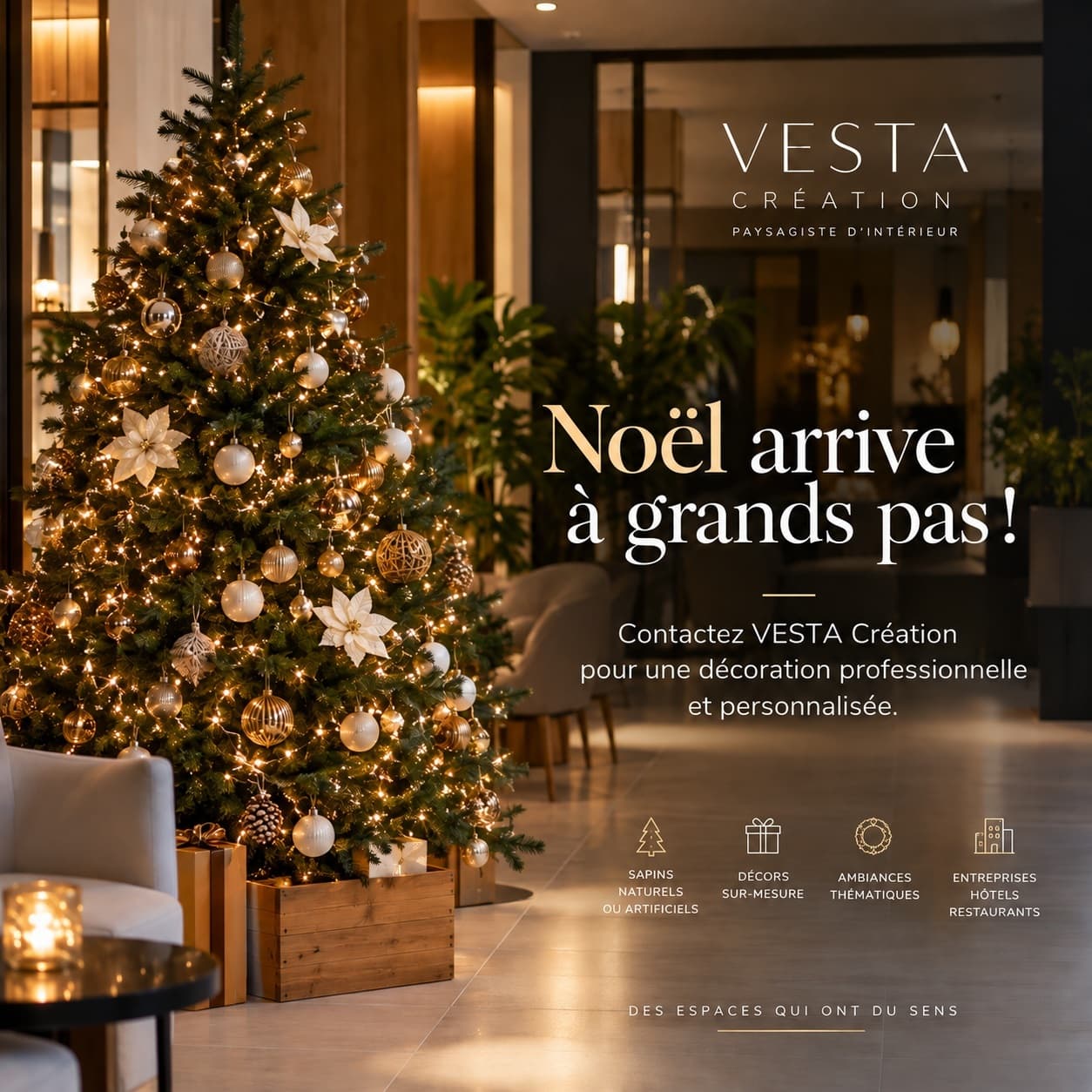 Grand sapin de Noël lumineux décoré de boules dorées et blanches dans un intérieur professionnel